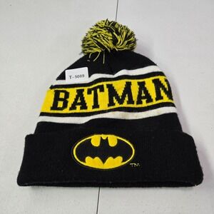 DC Comics Batman Men Hat One Size Black Striped Beanie Logo‎ Pom Pom Knit